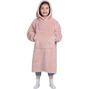 Waitu Wearable Blanket for Kids, Wearable Blanket Hoodie for Teens Girls Boys, Warm Blanket Sweatshirt Gift for Teenage, Hoodie Blanket with Sleeves and Giant Pocket - Pink
