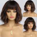 Short Highlight Wig with Bangs for Women Brown Mixed Gold Wig Highlights Medium Length Synthetic Hair Wavy Bob Wig Colorful Wigs14 Inches