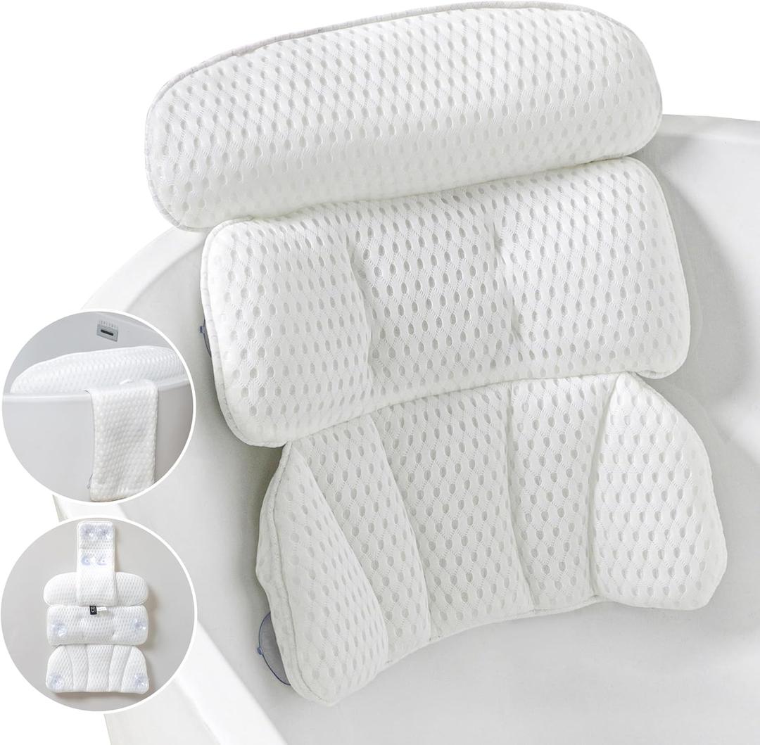 Bath Pillow Bathtub Pillow for Tub Luxury Bath Tub Pillows for Tub Neck and Back Support with 4D Air Mesh Fabric and 8 Strong Powerful Non-Slip Suction Cups Relaxing Bath Accessories Spa Gifts, White