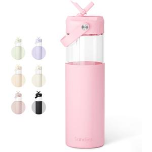 Glass Water Bottle with Silicone Sleeve and Straw Lid 20oz for Girls Women, Glass Drinking Bottles for Travel Home Gym Sports (Rose Cloud)