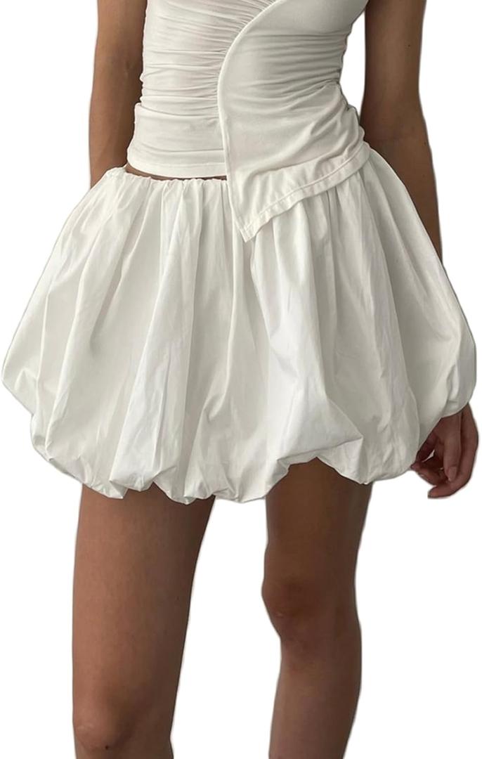 BHMAWSRT Women's Y2k Cute Puff Elastic Waist Mini Pleated Short Balloon Skirt Going Out Streetwear (Medium, White)