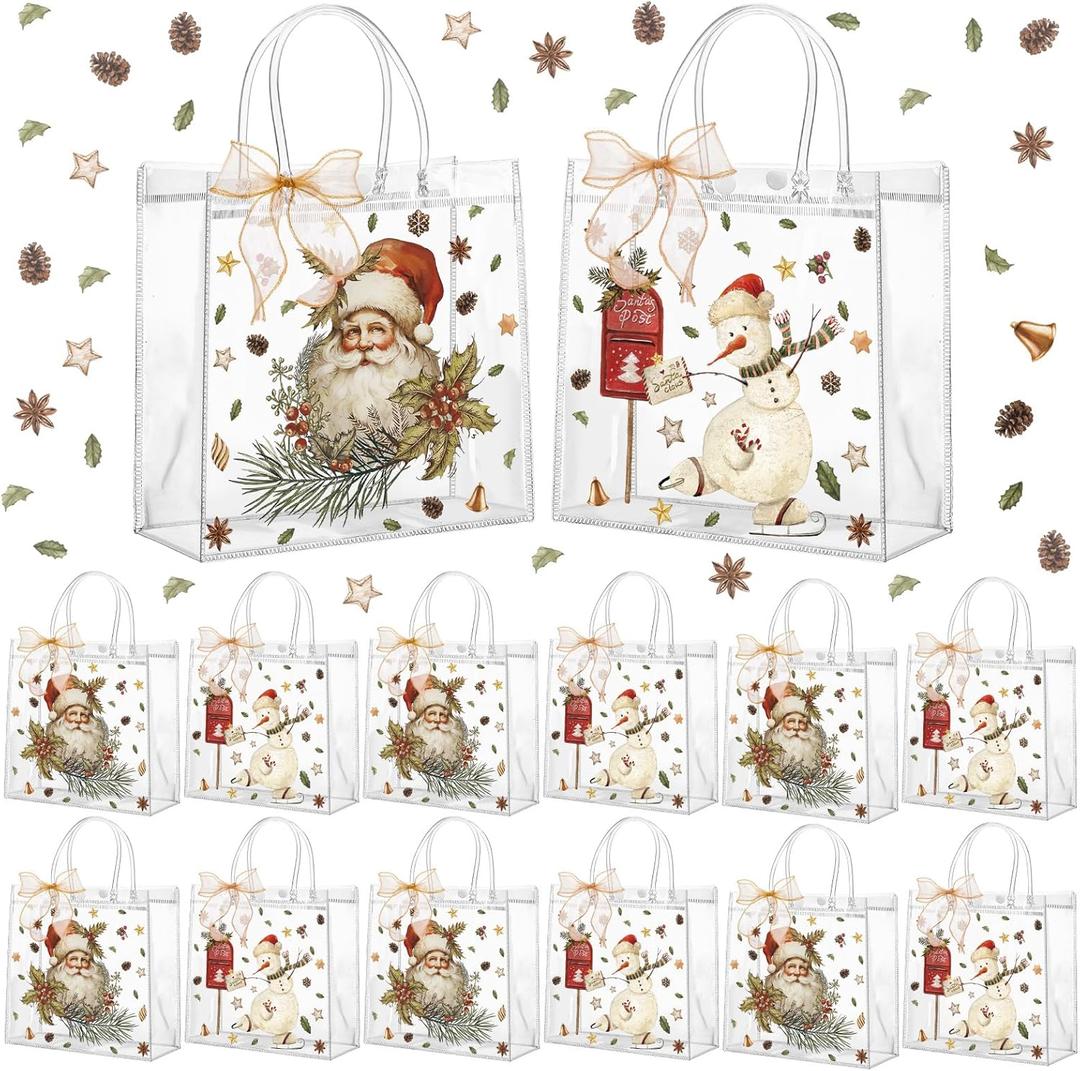 Motipuns 24 Pcs Vintage Christmas Clear PVC Gift Bags with Handles Christmas Party Favor Reusable Plastic Santa Claus Snowman Candy Treat Tote Bags for Merry New year Xmas Birthday Supplies
