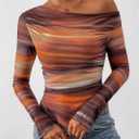 PRETTYGARDEN Womens Fall Trendy Off Shoulder Y2k Tops 2026 Tie Dye Mesh Long Sleeve Shirts Asymmetrical Ruched Floral Blouse, XL