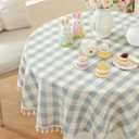 Laolitou Spring Blue Checkered 48" Round Tablecloth (Fits 20-36" Table) Buffalo Plaid Table Cloth with Tassel Washable Cotton Linen Gingham Table Cover for Living Room, Blue, Round