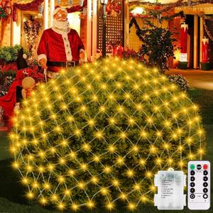 DBFAIRY 5 x 5Ft Christmas Net Lights Battery Powered 100 LED Bushes Net Lights with Remote Timer Dimmable Outdoor Net Light Waterproof for Xmas Tree Wall Ceiling Outside Decorations(Warm White) (2700K)