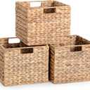 12x12x10 Water Hyacinth Storage Basket Large, Folding Cube Woven Wicker Storage Basket for Shelves, Pantry Baskets Organization and Storage, Kitchen Storage Baskets, Large Rattan Basket Set of 3