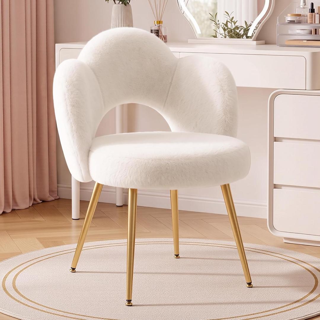 Vanity Chair with Gold Legs, Fluffy Makeup Chair for Bedroom, White