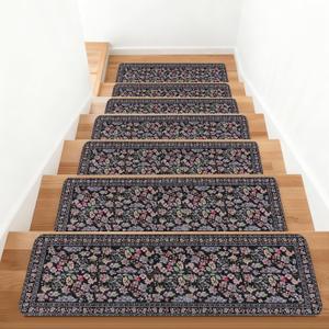 Vintage Floral Stair Treads Non Slip Carpet Stair Treads for Wooden Steps Indoor 15PCS 30"x8" Stair Runner Stair Mats Safety Staircase Step Treads for Elders Kids Dogs Dark Blue