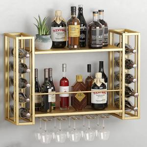 Wall Mounted WineRack, WineRack Wall Mounted with WineGlass Rack, 2-Tier Multi-Functional Shelf for Home Restaurant Bar Storage Rack (Gold, 31.5" W x 9.8" D x 21.6" H)