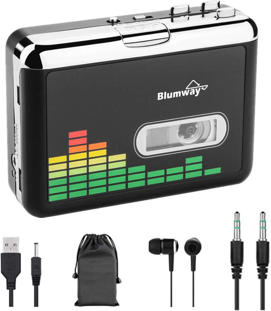 BlumWay USB Cassette to MP3 Converter, Portable Tape Cassette Player to MP3 Format, Audio Music Cassette Tape to Digital Converter with Earphone, Walkman Type, No Need Computer