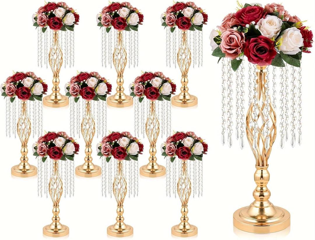 10 Pcs Metal Crystal Pendant Flower Stand, 19" Wedding Tall Vase Bulk, Metal Hollow for Wedding Banquet Event Anniversary Celebration Decoration (10, Gold)