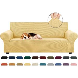 KEKUOU Stretch Sofa Cover Slipcover Couch Covers for 3 Cushion Couch Sofa pet Friendly (78"-94") Furniture Protector Sofa with Elastic Bottom for Kids,Dog, Jacquard Small Checked(Large,Champagne)