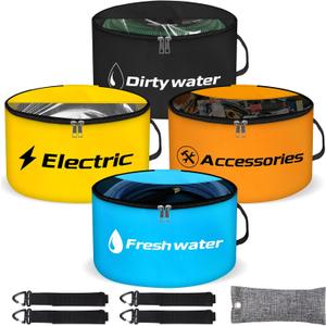 cyrico Rv Sewer Hose Storage, 4 Pack Waterproof Rv Storage and Organization with Dual Zipper Closing Visible Cover, Accessories Bag for Store Fresh Black Water Hoses, Electrical Cords, Camper Tools (Blue, Black, Orange, Yellow)