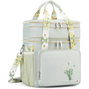 HSHRICH Insulated Lunch Bag for Women/Men, Dual Compartment Waterproof Reusable Large Lunch Box for Adlut Wide-Open Tote Cooler Bag For Working Picnic Hiking (16L, Green-Flowers)