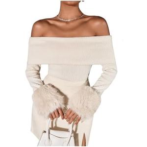 SOLY HUX Women's Off The Shoulder T Shirt Fuzzy Long Sleeve Slim Fitted Tee Going Out Tops (Small, Plain Apricot)