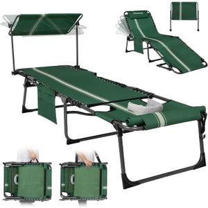 KingCamp Tanning Chair with Face Hole, Lounge Chairs Outdoor Folding Portable Comfy Adjustable 5-Position Foldable Chaise Chaser with Canopy Shade for Outside Beach Patio Sun Bathing Pool, Green/White