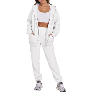 ANRABESS Womens 2 Piece Outfits Sweatsuits Oversized Zip Up Sweatshirt Jogger Sweatpants Tracksuit Sweat Lounge Matching Set (Medium, White)