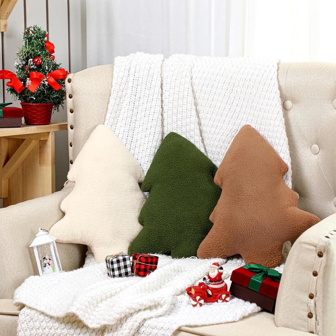 Anglechic 3 Pcs Christmas Pillows Neutral Christmas Tree Decorative Throw Pillows Xmas Tree Stuffed Wool Pillows Soft Xmas Plush Cushion for Sofa Couch Bedroom Living Room