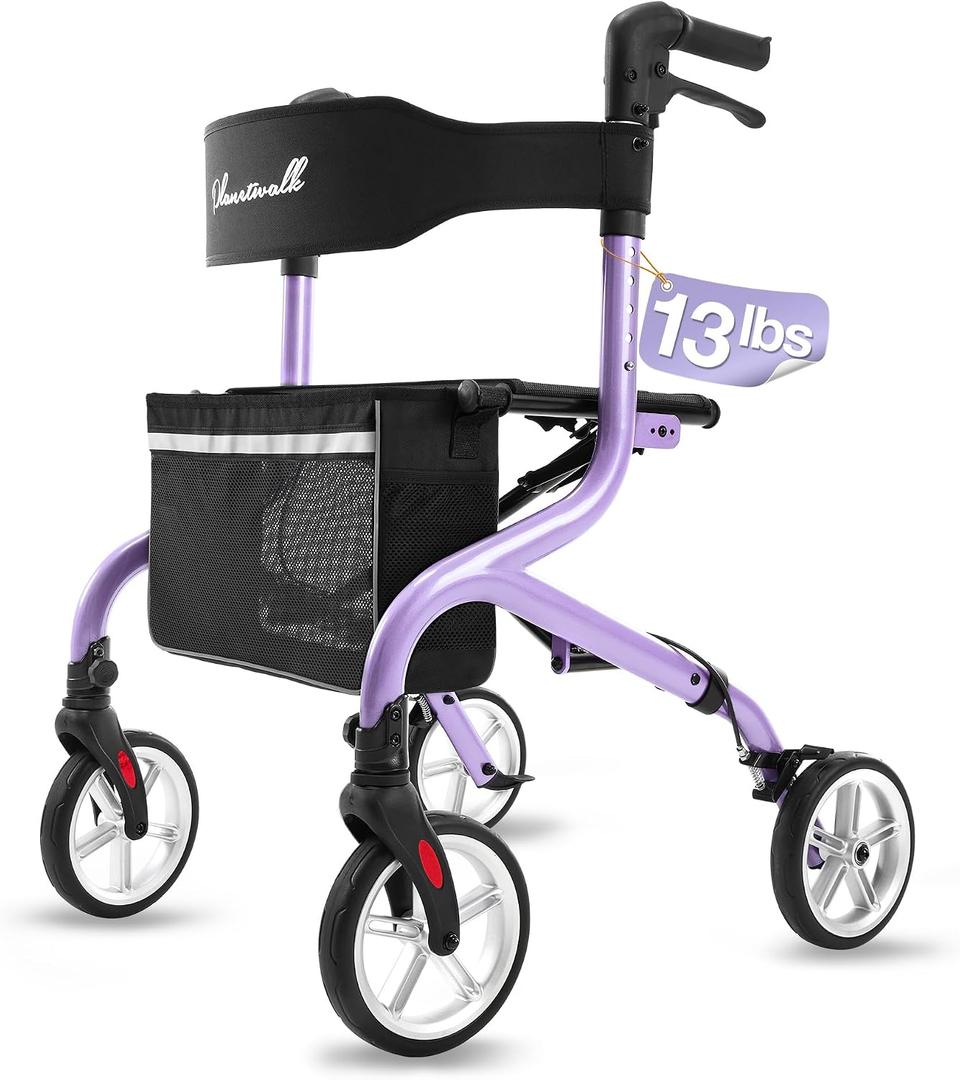 PLANET WALK Super Lightweight Rollator Walker for Seniors, Foldable Rolling Walker with Seat and 8" Rubber Wheels for All Terrain, Unique Design Aluminium Frame Sturdy Walkers for Traveling - Purple