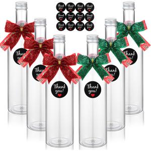 Baderke 6 Sets Christmas Plastic Wine Bottles 750ml with Caps Thank You Stickers Christmas Botellas Para Coquito Bottles Holiday Xmas Empty Brewing Wine Bottle for Kitchen Bar Party New Year(Classic)