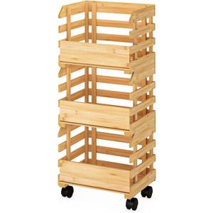 G.a HOMEFAVOR Bamboo Fruit Basket Stand, Potato and Onion Storage Cart, 3-Tier Fruit Basket with wheels, Vegetable Storage for Kitchen Floor (Self-assembly)