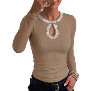 Women Long Sleeve Shirt Going Out Top Rhinestone Sequin Keyhole Neck Knit Ribbed Slim Casual T-Shirt (Beige, M)