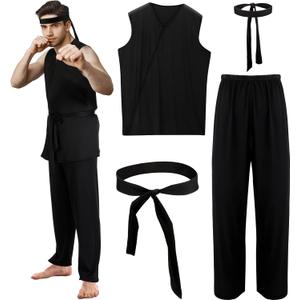 Xtinmee 4 Pcs Karate Costume for Men Halloween Costume Adult Black Karate Gi Dress up Uniform with Headband Cosplay Outfit(XL)