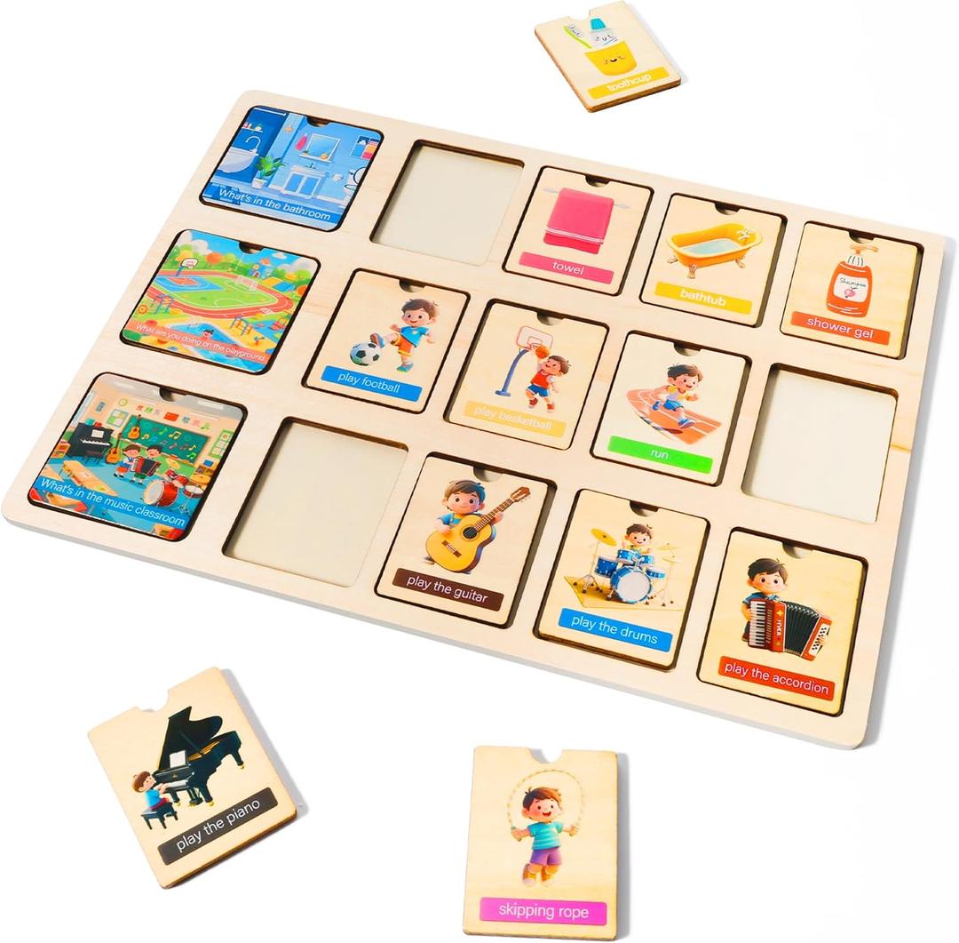 Wooden Peg Puzzle for Toddlers, Cognitive Learning, Double Side Scens Board for Home School Planner,Autism Learning Materials