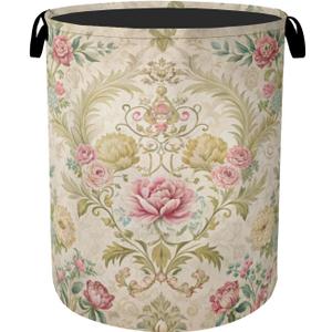 Shabby Chic Rose Laundry Basket with Handles - Extra Large Foldable Hamper for Bathroom/Laundry/Bedroom/Dorm, Washable Fabric Storage Bin