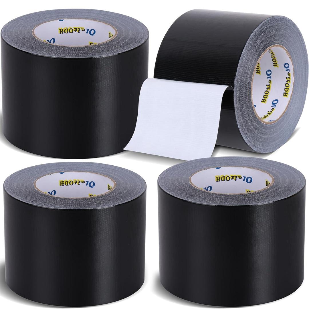 4 Inch Black Duct Tape - 4 Pack Heavy Duty Duct Tape, Totals 220 Yards, 8.3 mil Thickness, Strong, Flexible, No Residue, All-Weather and Tear by Hand - for Repairs, Industrial, Professional Use