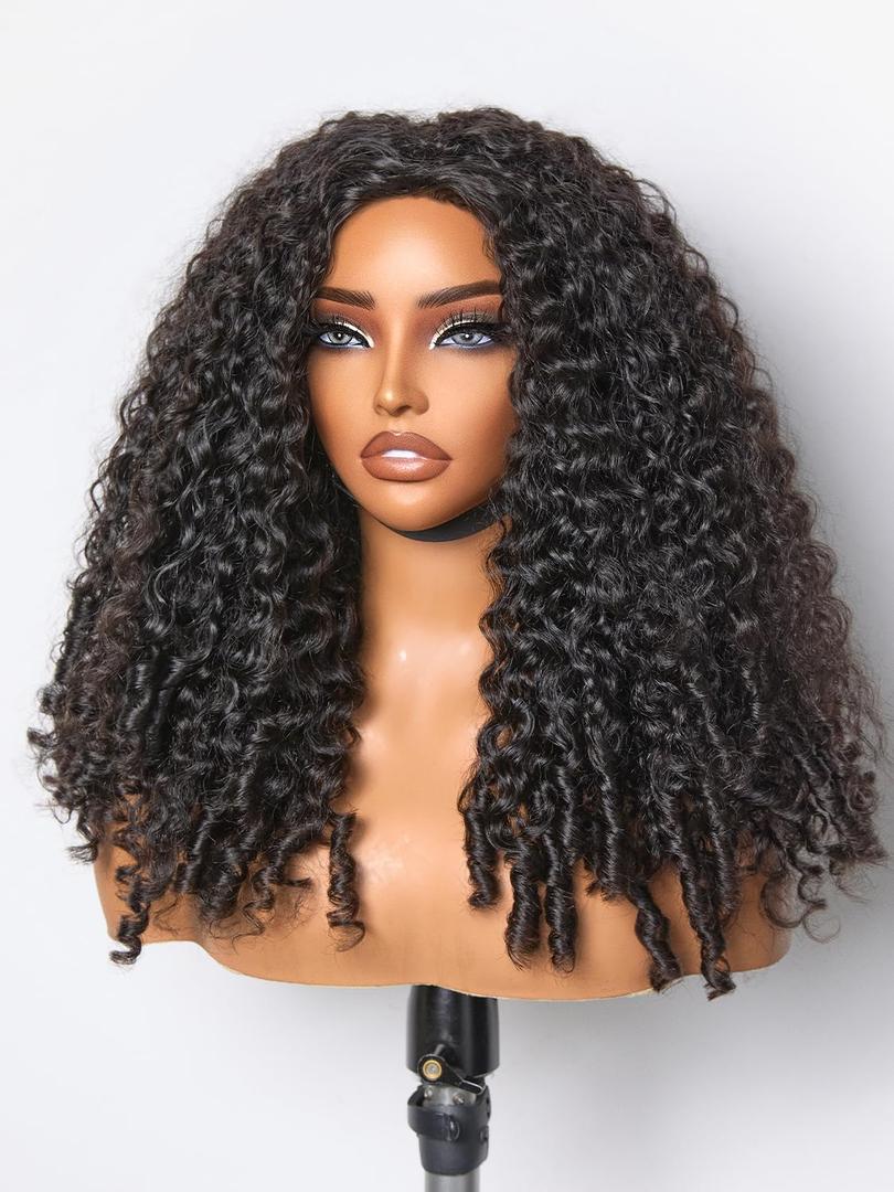ASHINE Half Wig Human Hair Burmese Curly 180% Density Wear and Go Glueless Wig for Women Flip Over Natural Black 22 Inch with Clips and Drawstring