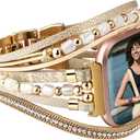 Leather Beaded Bracelet Compatible with Fitbit Versa 4/Versa 3 Bands/Sense 2/Sense Bands for Women Men, Cute Handmade Multilayer Wrap Boho Strap for Fitbit Smartwatch (Pink/Black/Silver/Beige)