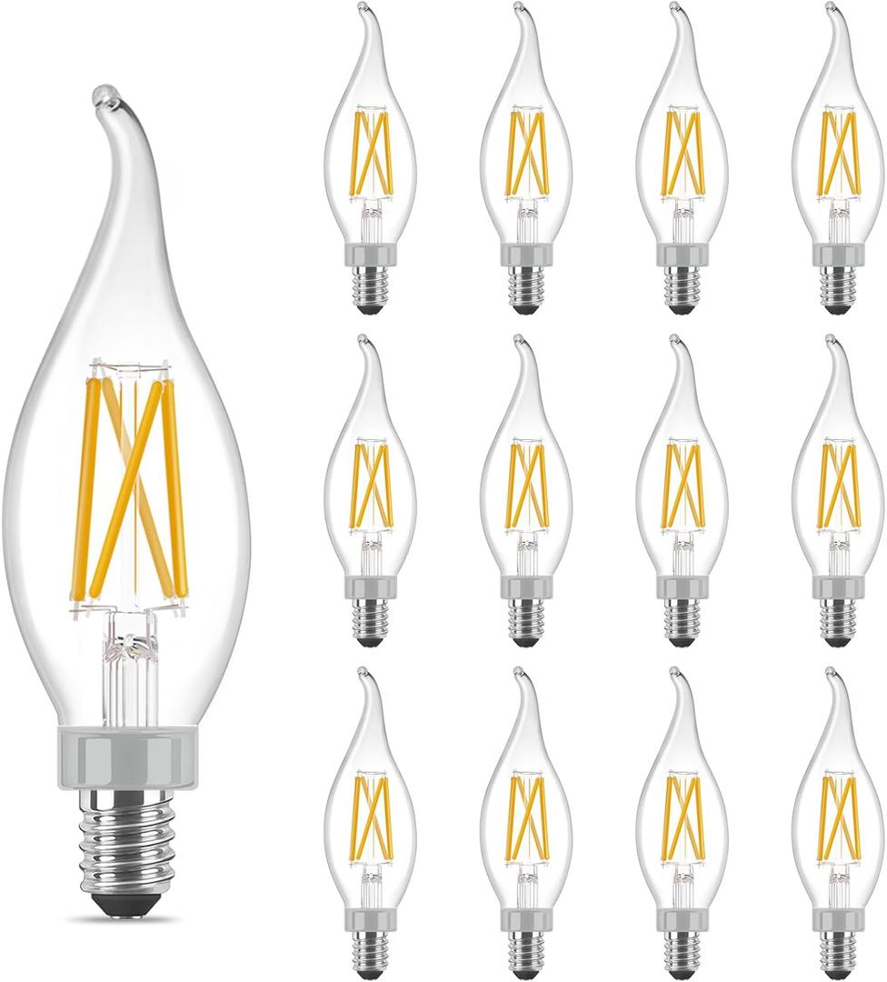 Dimmable E12 Candelabra LED Bulbs 60 Watt Incandescent Equivalent2700K Soft White 500 Lumens, CRI 90+, CA11 Vintage Ceiling Fan Light Bulbs with Flame Tip, 12 Pack