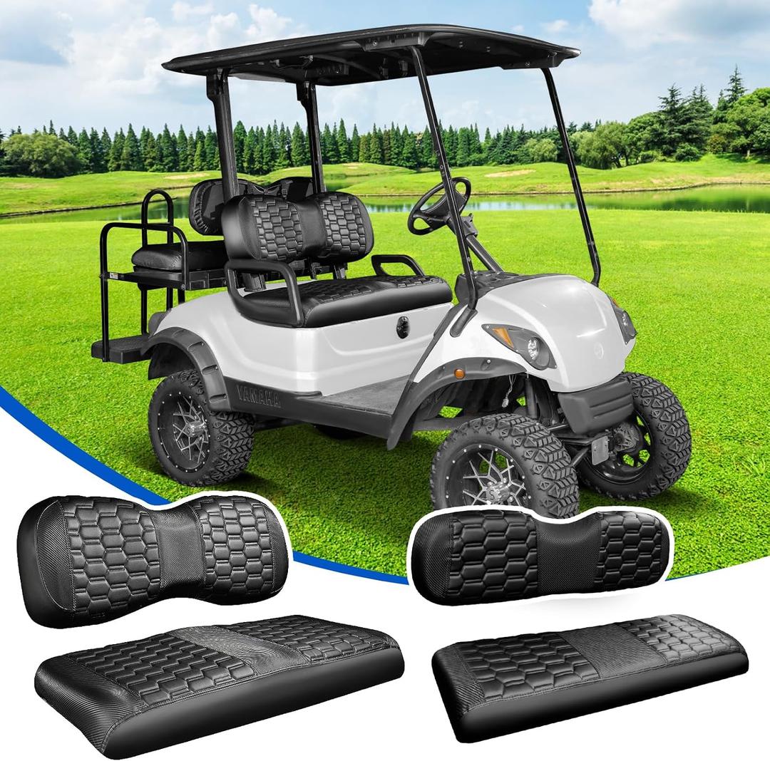 NOKINS Golf Cart Seat Covers Kit, 4PCS Front&Rear Seat Covers Fits Yamaha Drive/Drive 2 Standard Seat Cushion, No Stapler, Golf Cart Accessories (Hexagon Carbon Fiber - Black)