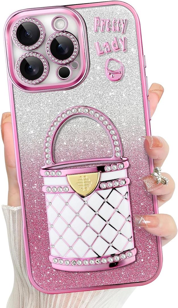 Kickstand for iPhone 16 Pro Case with Stand & Makeup Mirror - Cute Glitter Luxury Plating Edge Bumper for iPhone 16 Pro, Pink (6.3")