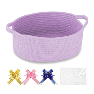 COMSE Small Woven Basket with Gift Bags and Ribbons, Gift Basket Empty, Cotton Rope Storage Organizer, Baby Toy Box with Handles, 12" x 8" x 5", Purple