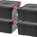 IRIS USA WeatherPro 31 Qt Storage Bins with Lids, 4 Pack, BPA-Free Plastic Gasket Box with Tight Latch and Seal, Stackable Nestable Tote Tub - Black/Red
