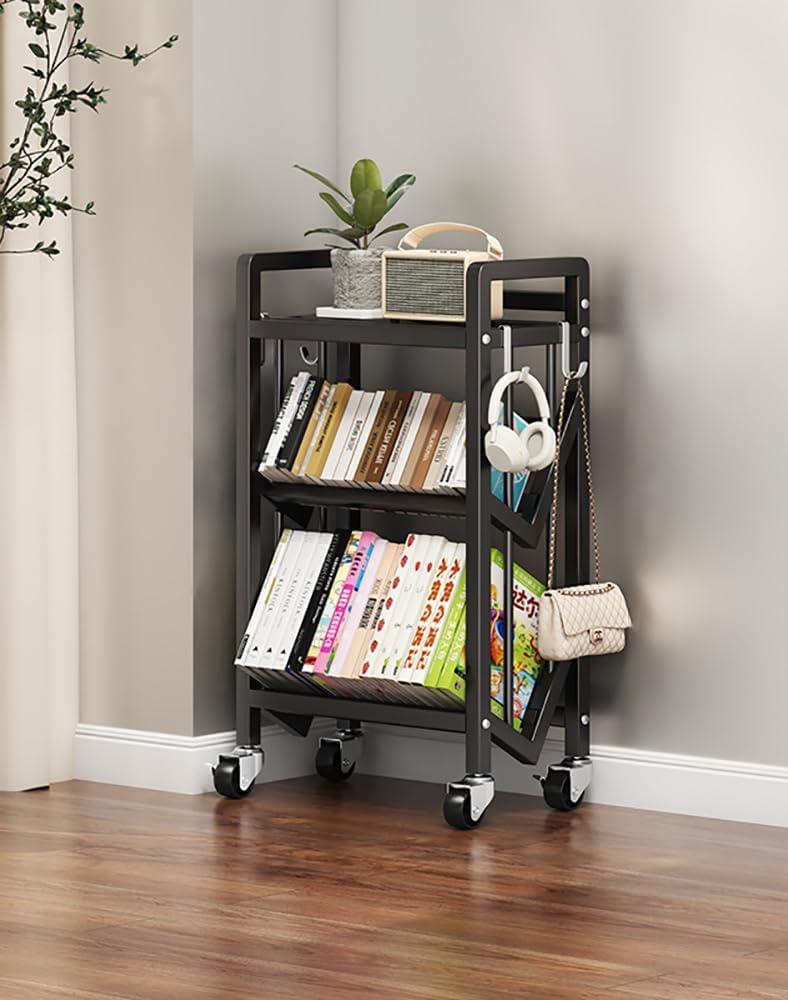 3 Tier All-Metal Rolling File Cart with Locking Wheels, Lightweight But Sturdy Mobile Book Storage Cart with 4 Hooks, Utility Cart for Home Office Living Room Entryway Classroom School, 19.7"W, Black (3 Tier/19.7"W)