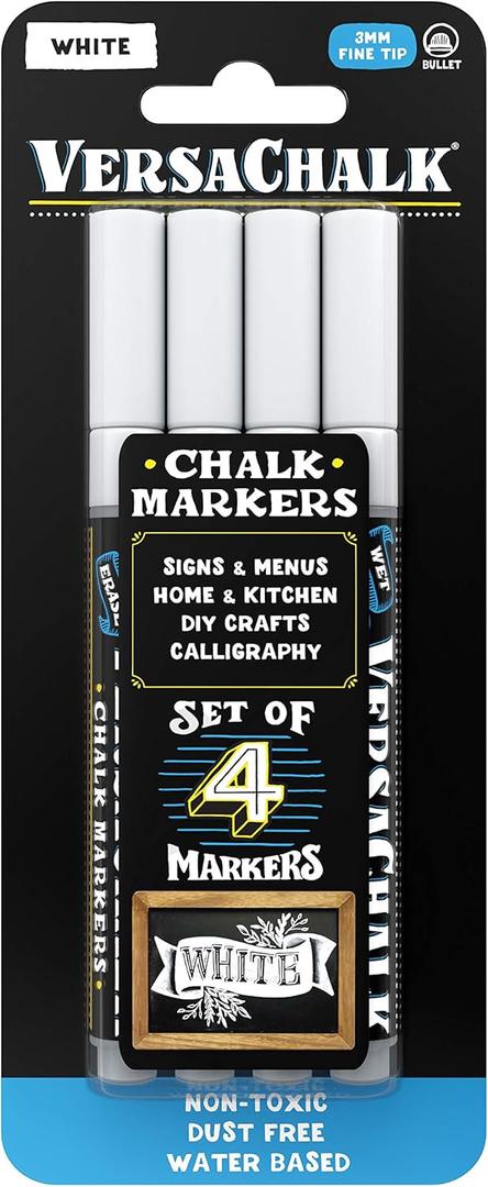 VersaChalk White Chalkboard Chalk Markers - Wet Erase Dustless Chalk Ink Paint Marker for Blackboard, Dry Erase White Board, Chalkboard Sign (FINE 3mm, 4/SET) 