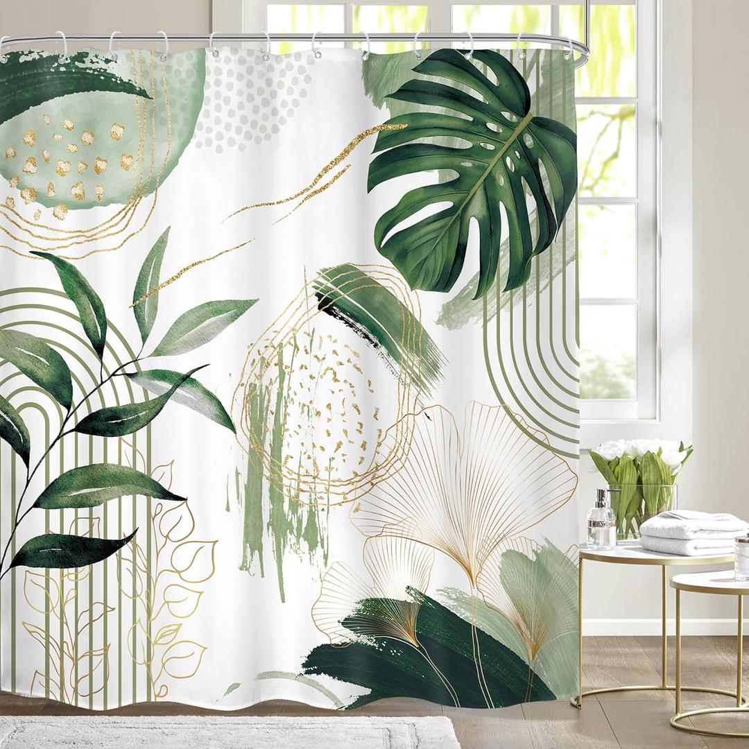Sage Green Boho Shower Curtain Mid Century Modern Abstract Tropical Palm Leaves Minimalist Gold Olive Geometric Plant 72Wx72H Bathroom Decor Bath Curtain Liner Fabric Polyester 12 Pack Hooks