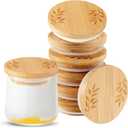 6 Pcs Yogurt Jar Lids Set Compatible with Oui Yogurt Jars Bamboo Wooden Lids Round Reusable Canning Covers with Silicone Sealing Rings for Kitchen Food Storage (Jar Not Included)