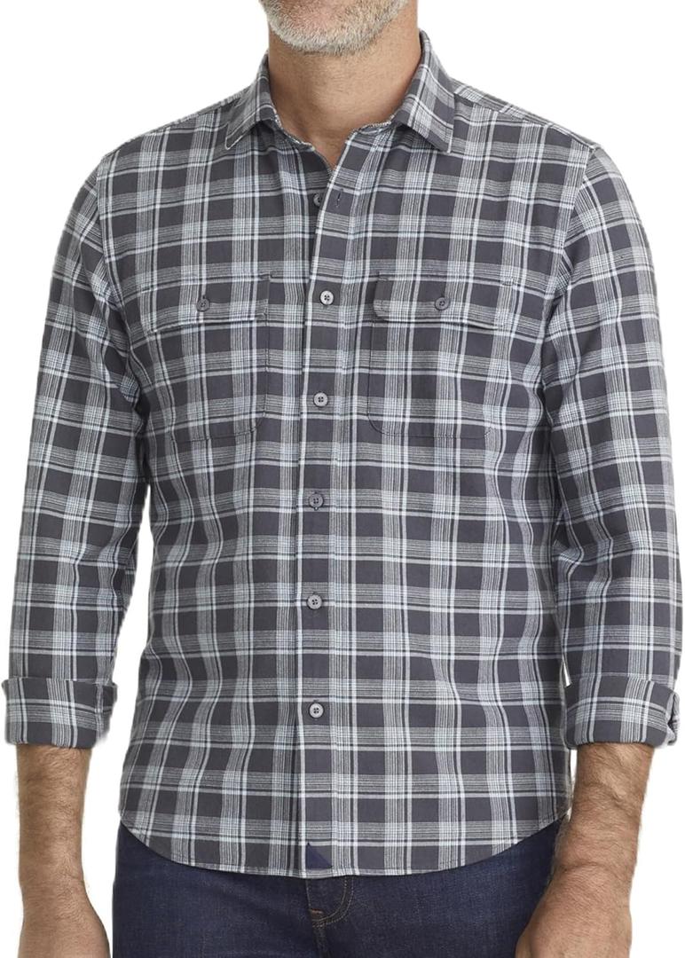 UNTUCKit Organic Cotton Plaid Flannel Shirt - Untucked Shirt for Men, Long Sleeve, Grey Plaid, XXX-Large, Regular Fit
