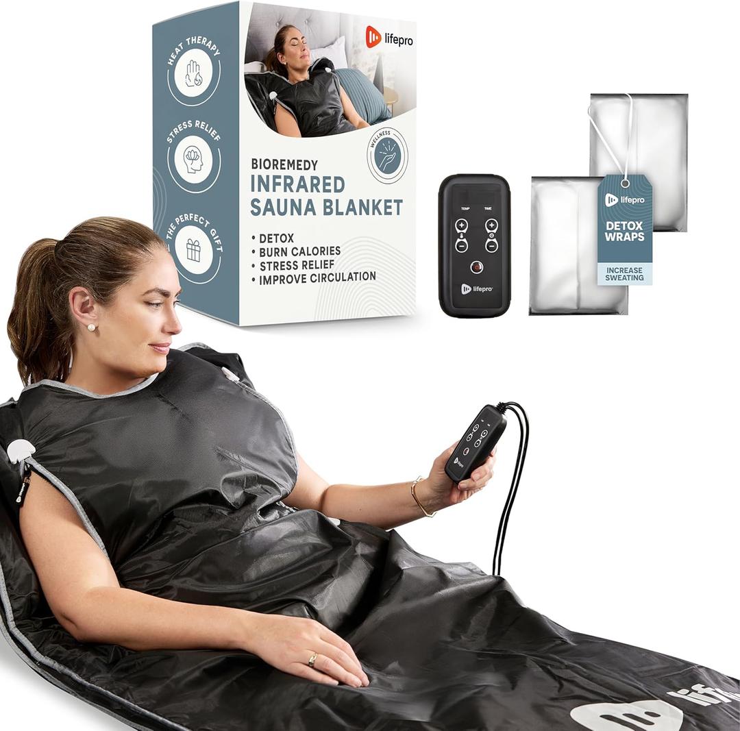 Lifepro BioRemedy Infrared Sauna Blanket - Portable Far Infrared Home Sauna for Detox, Tension, and Relaxation - Adjustable Temperature (86-158F) - Includes Carry Bag & Detox Wraps