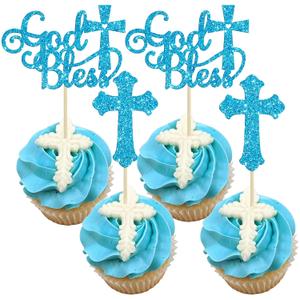 Gyufise 24Pcs God Bless and Baptism Cupcake Toppers Cross God Bless Cupcake Picks Christian Party Cake Decoration for Christian First Communion Baptism Party Supplies Blue