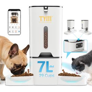 TYM Automatic Cat Feeder with 2 Camera for 2 Cats, 7L Dog Food Dispenser with Night Vision 2K 4MP, 5G WiFi Dual Auto Cat Feeder with Smart App for Multiple Cats & Small Dogs, Detachable for Clean