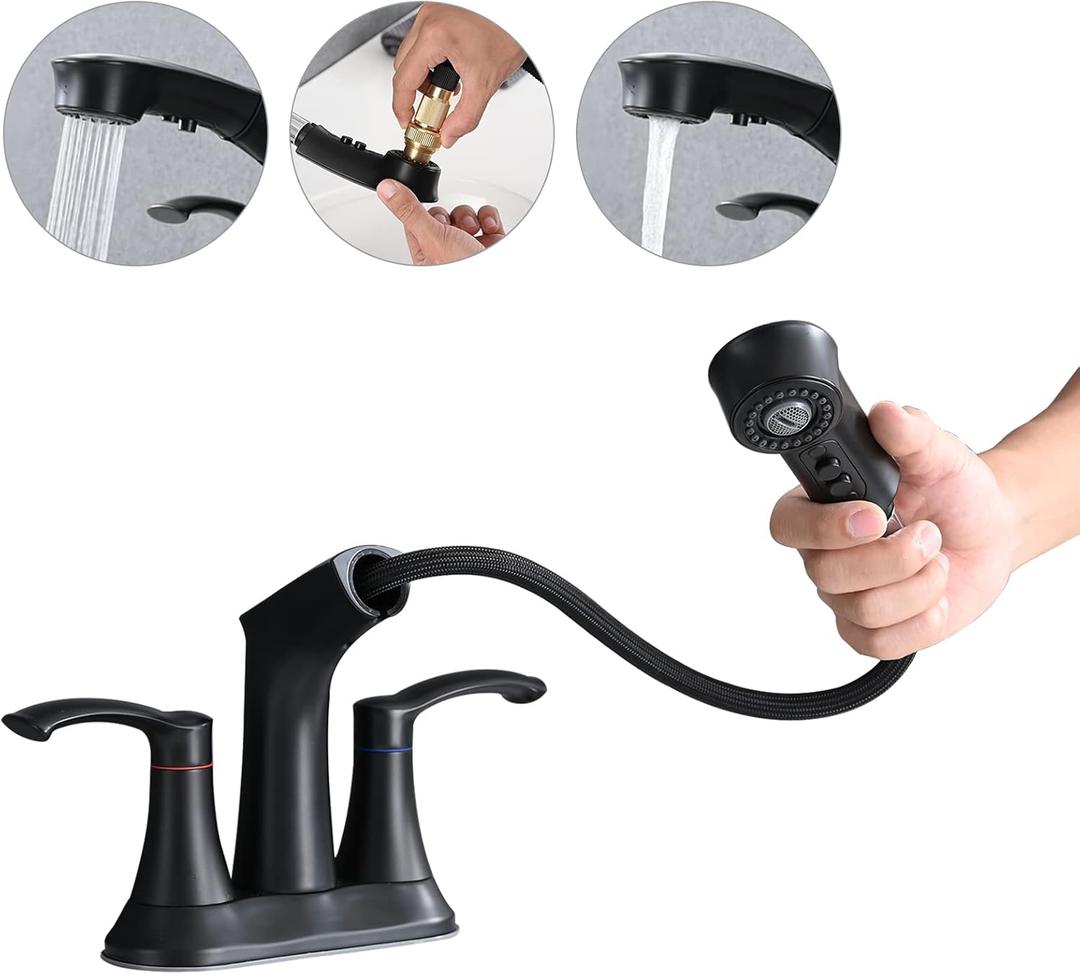 Bathroom Faucet with Pull Out Sprayer, 4 Inch Centerset 3 Hole, 2 Handle Pull Out for Bathroom, Utility Sink or Laundry Tub, Matte Black
