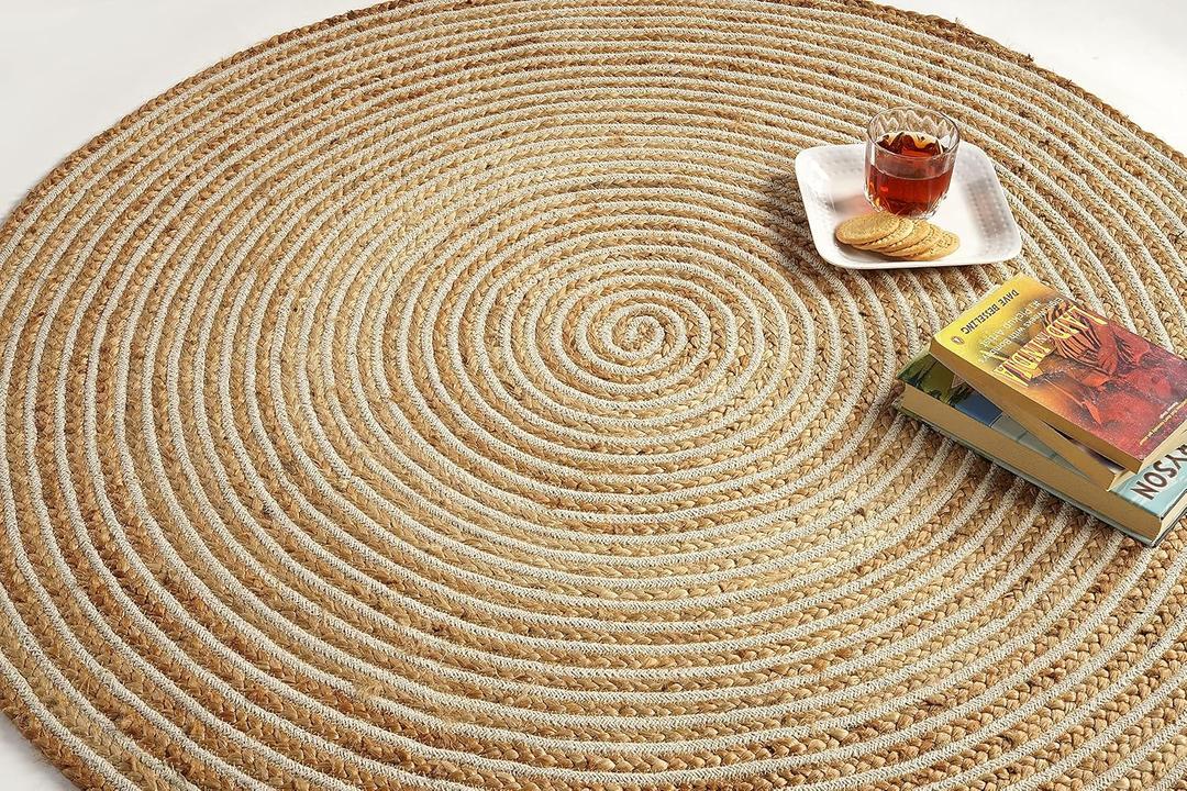 GRUHUM Handwoven 8ft Jute Area Rug Natural Fiber Cotton Round Boho Farmhouse Rustic Vintage Soft Braided Reversible Eco Friendly Rugs- Indoor Outdoor Kitchen Bedroom Living Room Hallways (8'ft Round)