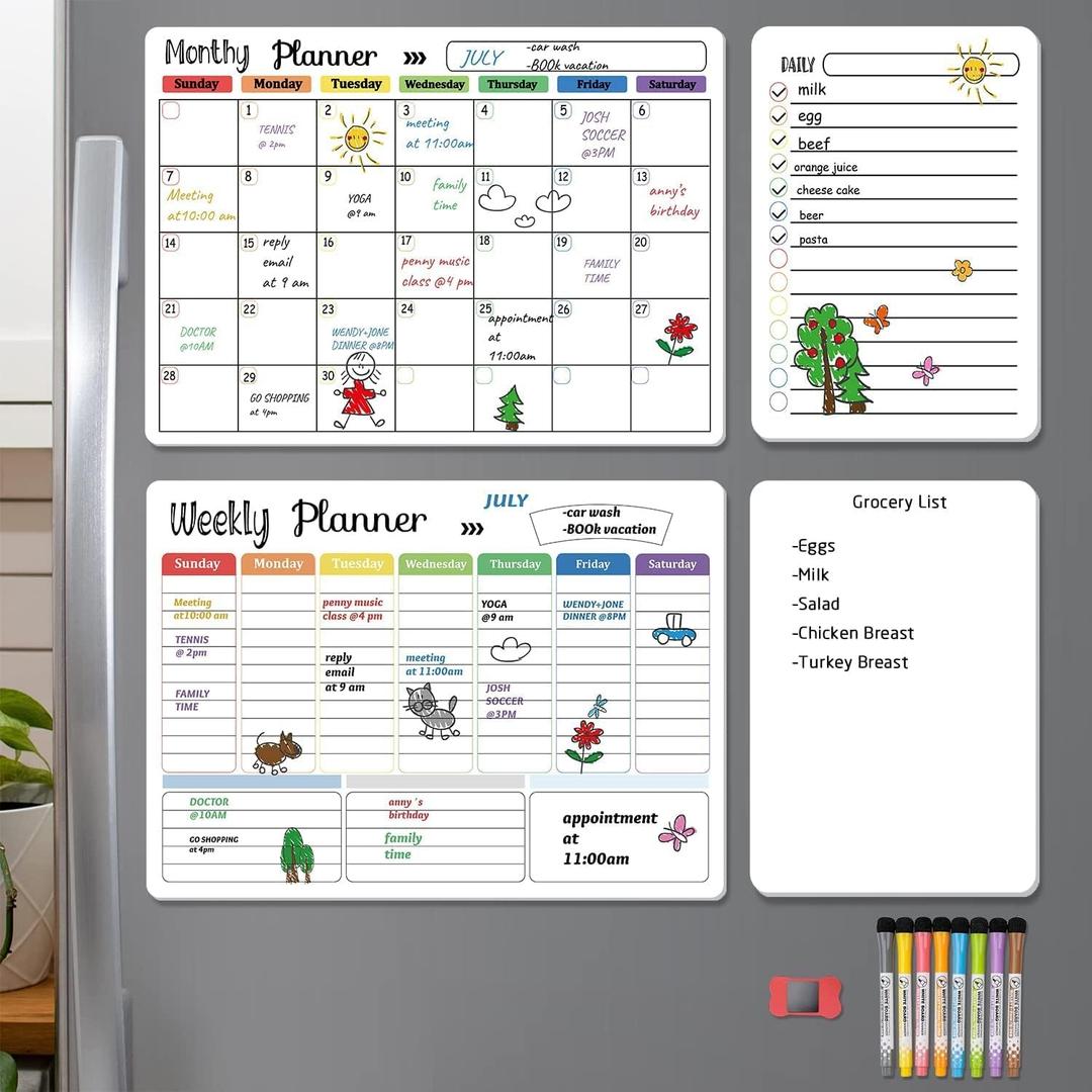 Hivillexun Magnetic Dry Erase Calendar Whiteboard Set (4-Pack) for Home and Kitchen, with Monthly and Weekly Views (16.5 x 11.8), Magnetic Whiteboard and Daily Planners (12 x 8) 8 Markers & Eraser