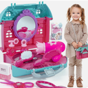 Seppacio 14Pcs Portable Salon Set, Pretend Play Doll Hair Stylist Toy Kit with Hairdryer, Mirror, Toy Scissors, Hair Conditioner & Fun Accessories for Kids, Pretend Makeup Vanity Toys for Girls Gift