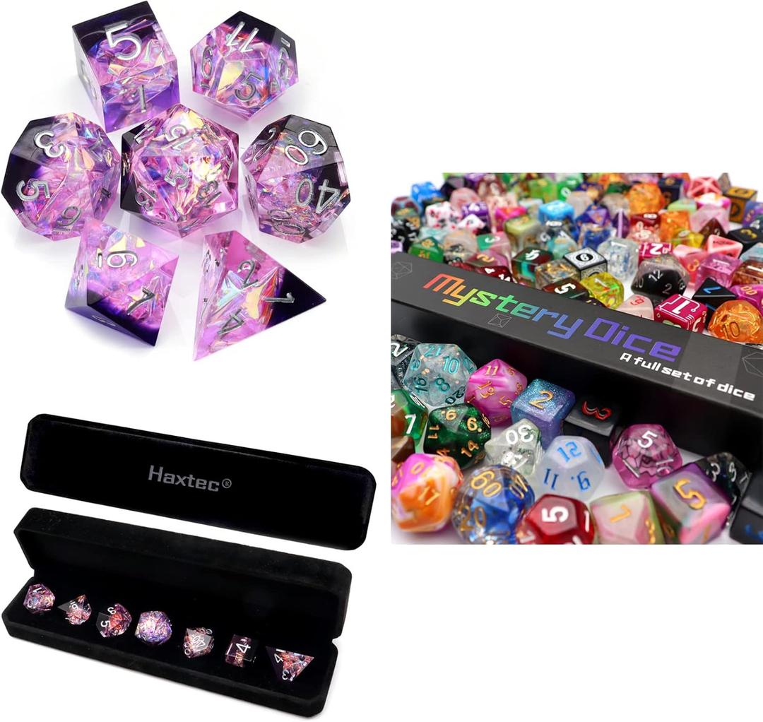 Haxtec Sharp Edge Dice Set Purple Galaxy Dice with Mystery DND Dice with Clear Dice Display Tube Bundle